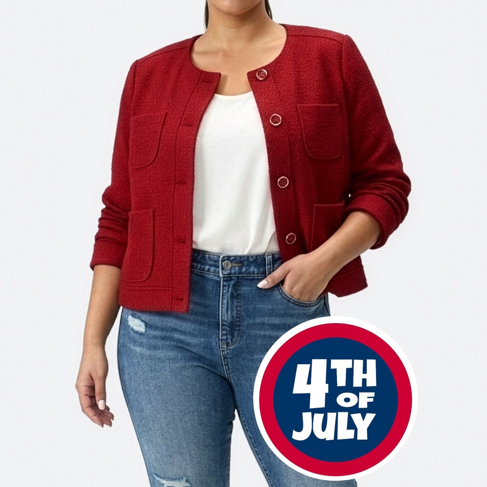 Liz Claiborne Boucle Lady Jacket Red Large 0X Button Front Blazer